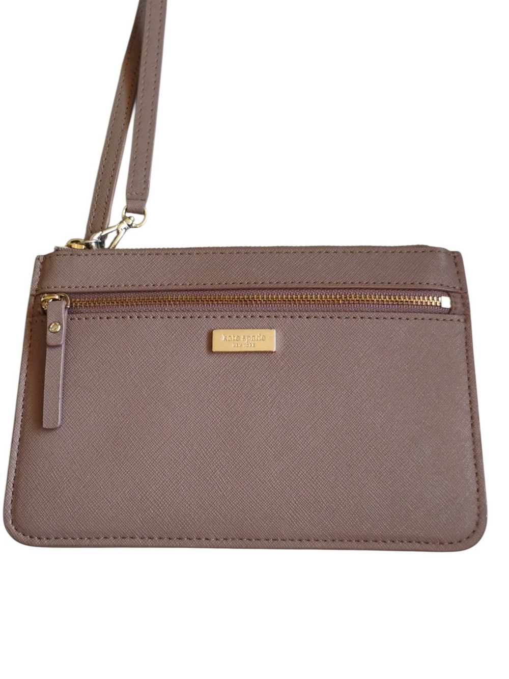 kate spade taupe leather wristlet with gold hardware